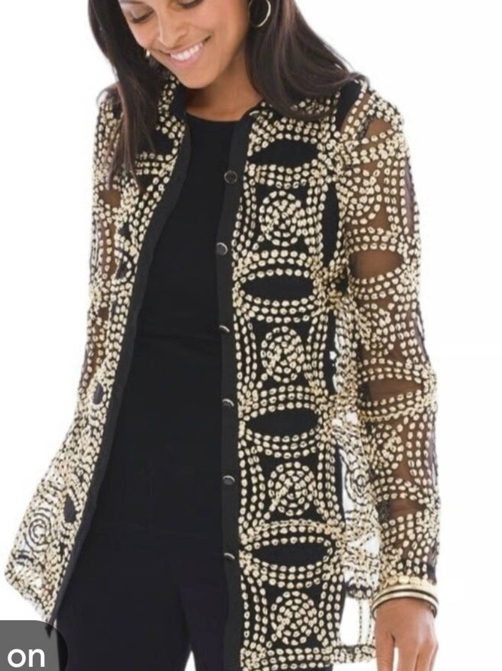 Chico's Black Sheer Longline Jacket with Cream Bead Embellishment